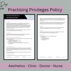 Op de afbeelding: Een digitale sjabloon getiteld "Practising Privileges Policy" met het logo "Pretty Digi Templates". Het document bevat tekst en is zwart omlijnd. Trefwoorden: Esthetiek, Kliniek, Dokter, Verpleegkundige.