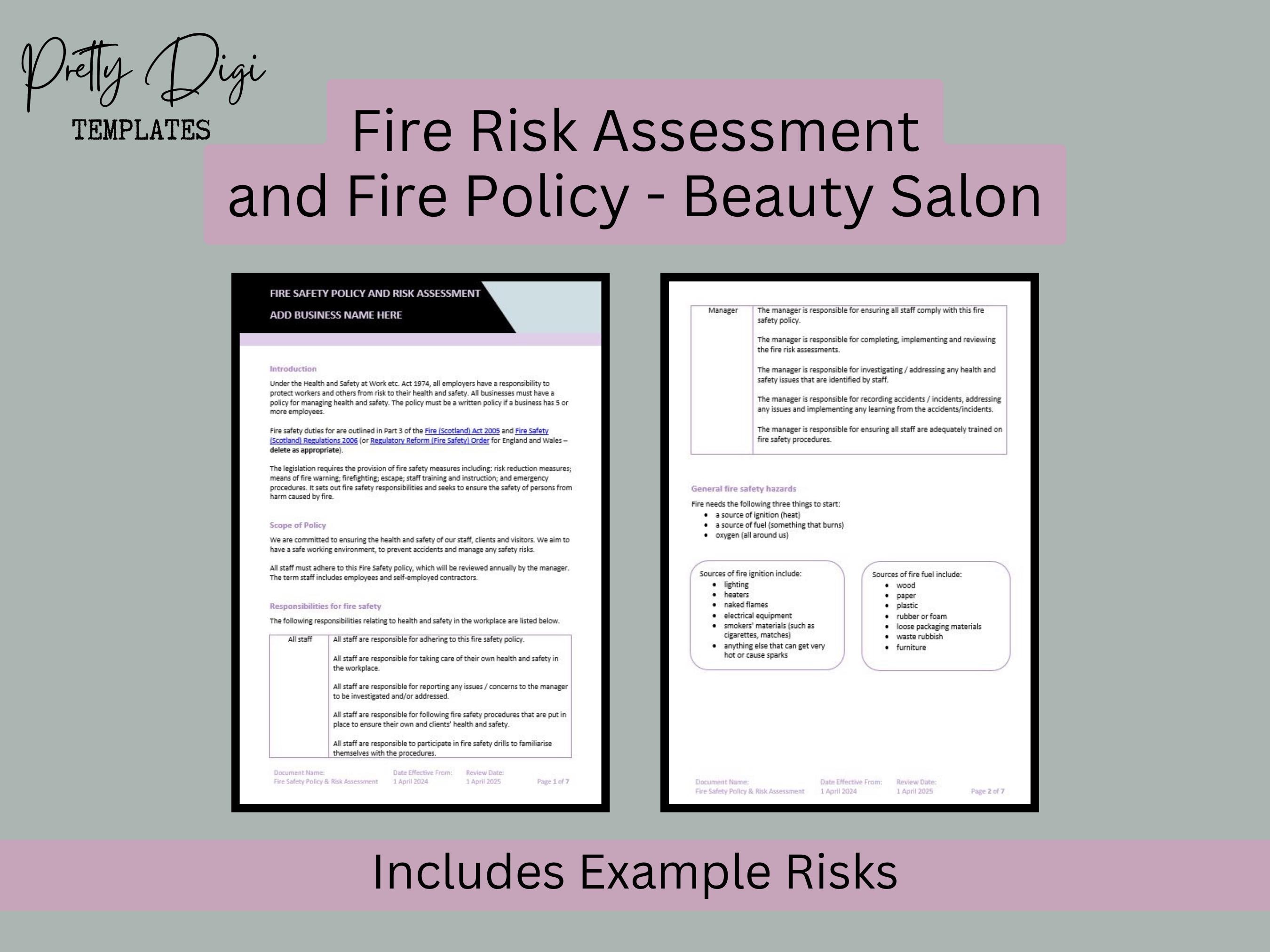 Beauty Salon Fire Safety Policy & Fire Risk Assessment Template (word ...
