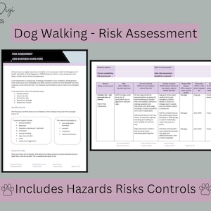 Op de afbeelding: Een digitale sjabloon getiteld "Dog Walking - Risk Assessment" met een lichtpaars en zwart ontwerp. Het document bevat secties voor risicobeoordeling, gevaren, risico's en controles. De tekst "Includes Hazards Risks Controls" staat onderaan.