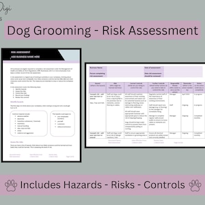 Op de afbeelding: Een sjabloon voor risicobeoordeling voor hondenverzorging, met de tekst "Dog Grooming - Risk Assessment" bovenaan. De sjabloon bevat secties voor gevaren, risico's en controles, met een pootafdruk-afbeelding onderaan.