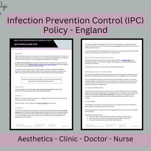 以下が含まれることがあります： 「Infection Prevention Control (IPC) Policy - England」というタイトルのテキストを含むデジタルテンプレート。このドキュメントは、美容、クリニック、医師、看護師向けです。Pretty Digi Templatesのロゴが左上にあります。