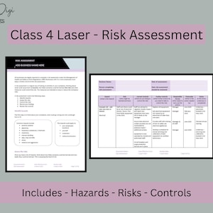 May include: A risk assessment template titled "Class 4 Laser - Risk Assessment" with the text "Includes - Hazards - Risks - Controls." The template includes two documents with text and tables, set against a gray and pink background.