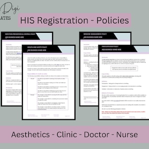 Pode incluir: Um conjunto de documentos em preto e branco com texto, incluindo "HIS Registration - Policies" e "Aesthetics - Clinic - Doctor - Nurse". Os documentos têm um cabeçalho e rodapé roxos claros.