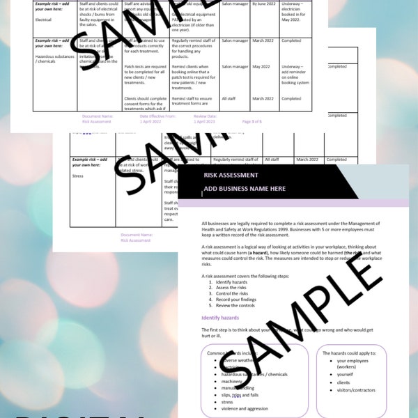 Risk Assessment (Beauty Salon) Template - includes example hazards, risks, controls