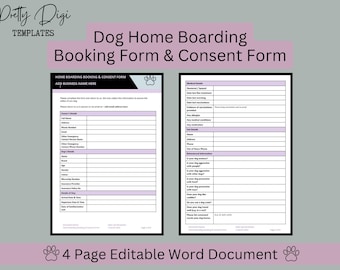 Dog Home Boarding Booking & Consent Form: 4 Page Editable Word Document. Licence Compliance, Dog Boarding Business Template