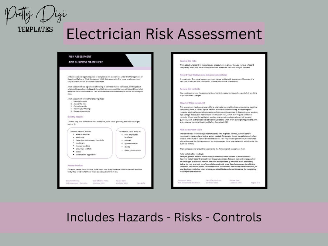 Electrician Risk Assessment Template (word Document): Hazards, Risks ...