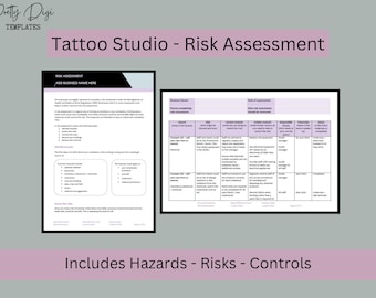 Tattoo Studio Risk Assessment Template: Licence Compliance Safety. Pre-Populated Hazards Risks Controls (Word Document Digital Download)