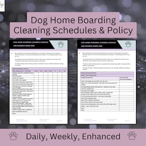 Puede incluir: Dos plantillas imprimibles de programación de limpieza para residencias caninas con el texto "Dog Home Boarding Cleaning Schedules & Policy". Las plantillas incluyen listas de verificación de limpieza diaria, semanal y mejorada. El fondo es morado oscuro borroso.