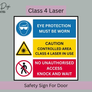 May include: A safety sign for a door with the text "Class 4 Laser." The sign includes symbols for eye protection, laser hazard, and restricted access. Text on the sign reads "Eye Protection Must Be Worn," "Caution Controlled Area Class 4 Laser in Use," and "No Unauthorized Access Knock and Wait."