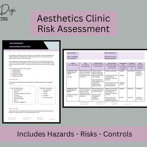May include: Aesthetics Clinic Risk Assessment template with the text "Pretty Digi Templates." The document includes sections for risk assessment, hazards, risks, and controls. The text "Includes Hazards - Risks - Controls" is at the bottom.