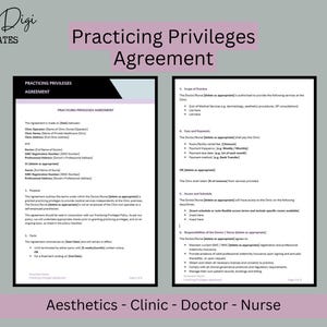 May include: Aesthetic clinic agreement template with the title "Practicing Privileges Agreement" in a pink banner. The document includes sections for clinic details, doctor/nurse information, scope of practice, fees, and access. The Pretty Digi Templates logo is in the top left.