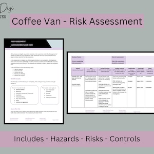 May include: A digital template for a Coffee Van Risk Assessment, featuring two black-framed documents on a light grey background. The documents include text and tables outlining hazards, risks, and controls. The title bar reads "Coffee Van - Risk Assessment."