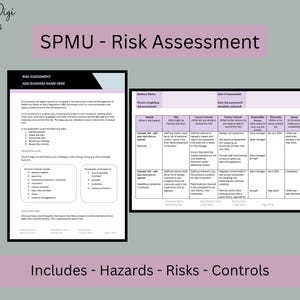 Op de afbeelding: Een risicobeoordelingssjabloon met de tekst "SPMU - Risicobeoordeling" in een roze banner. Het document bevat secties voor gevaren, risico's en controles, met de tekst "Inclusief - Gevaren - Risico's - Controles" onderaan.