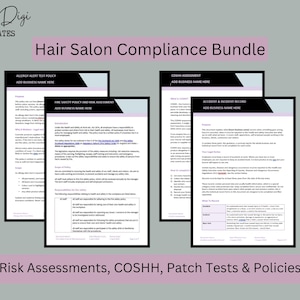 May include: A Hair Salon Compliance Bundle featuring multiple document templates with black headers and light purple accents. The pages include Allergy Alert Test Policy, Fire Safety Policy, COSHH Assessment, and Accident & Incident Record.