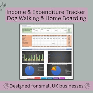 Könnte beinhalten: Eine digitale Vorlage zur Verfolgung von Einnahmen und Ausgaben für Hundespaziergänge und Hundebetreuung. Die Vorlage enthält Diagramme und Grafiken zur Visualisierung von Finanzdaten. Der Text auf dem Bild lautet "Income & Expenditure Tracker Dog Walking & Home Boarding".
