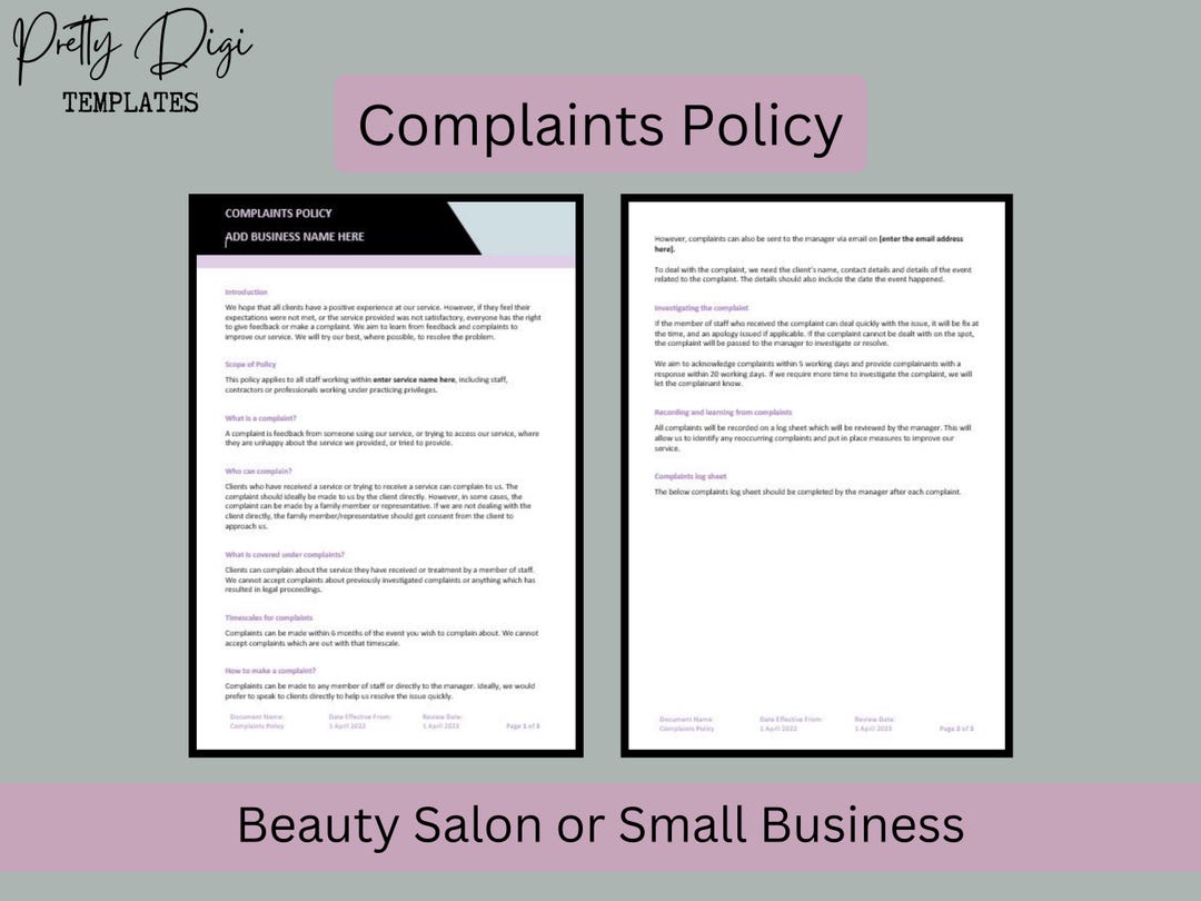 Complaints Policy Template: Editable Salon & Small Business Guide (word ...