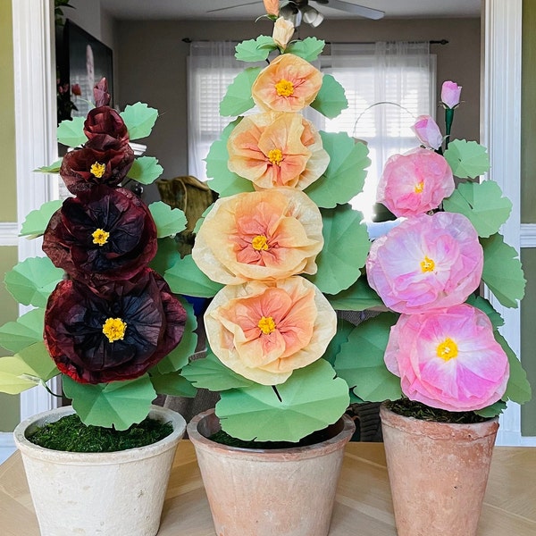 Potted Paper Hollyhock in a Terracotta Pot, Tissue Paper Flower