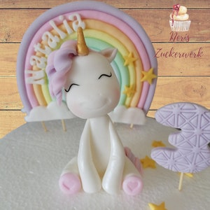 Fondant figures, unicorn, rainbow, name+number