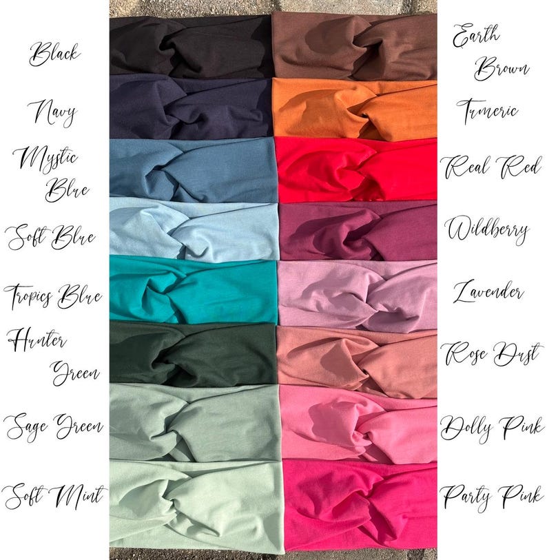 May include: A collection of colorful headbands in various shades, including black, navy, and soft mint. Each headband is twisted at the front. The image also displays the names of the colors: Black, Navy, Mystic Blue, Soft Blue, Tropics Blue, Hunter Green, Sage Green, Soft Mint, Earth Brown, Turmeric, Real Red, Wildberry, Lavender, Rose Dust, Dolly Pink, and Party Pink.