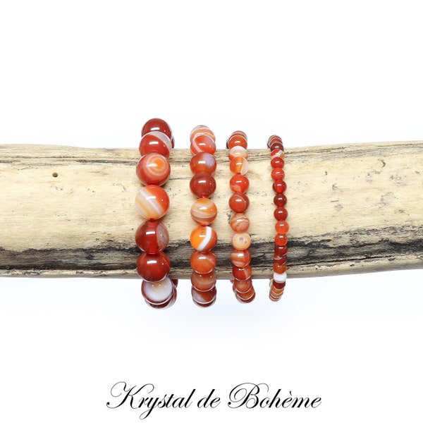 Bracelet en AGATE ROUGE RUBANEE de qualité A - Perles rondes de 4mm, 6mm, 8mm ou 10mm - Pierre naturelle - Bijou Artisanal