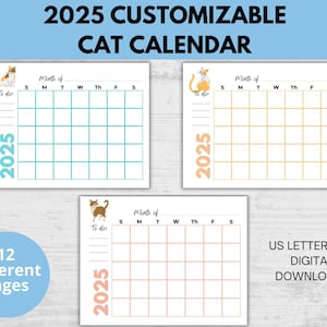 2025 Printable Calendar with Cats, Cat Calendar, Printable Calendar 2025, Printable Calendar Template, Blank Calendar, Monthly Calendar, Cat