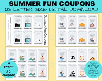 Summer Printable Coupons for Kids, Reward Coupons, Kids Coupons, Summer Coupons, Love Coupons, Coupons for Kids