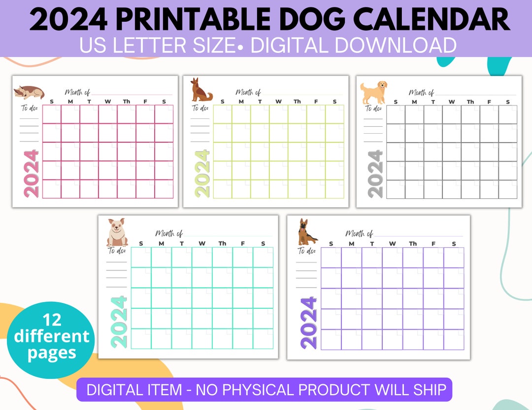2024 Printable Calendar With Dogs, Dog Calendar, Printable Calendar