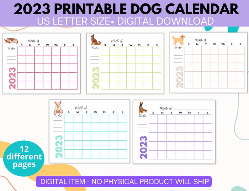 2023 Printable Calendar With Dogs Dog Calendar Printable - Etsy