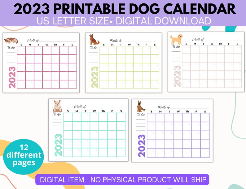 2023 Printable Calendar With Dogs Dog Calendar Printable Etsy