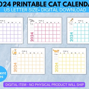 2024 Printable Calendar with Cats, Cat Calendar, Printable Calendar 2024, Printable Calendar Template, Blank Calendar, Monthly Calendar, Cat