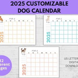 2025 Printable Calendar with Dogs, Dog Calendar, Printable Calendar 2025, Blank Calendar, Monthly Calendar, Puppy Calendar