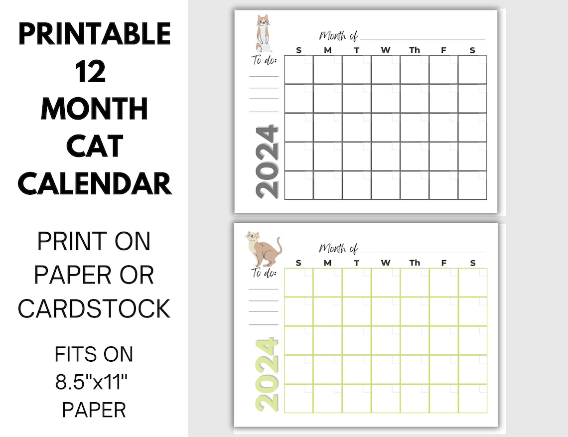 2024 Printable Calendar With Cats, Cat Calendar, Printable Calendar ...