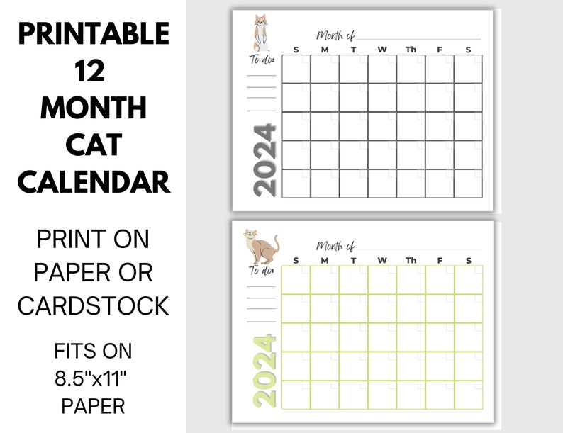 2024 Printable Calendar With Cats, Cat Calendar, Printable Calendar