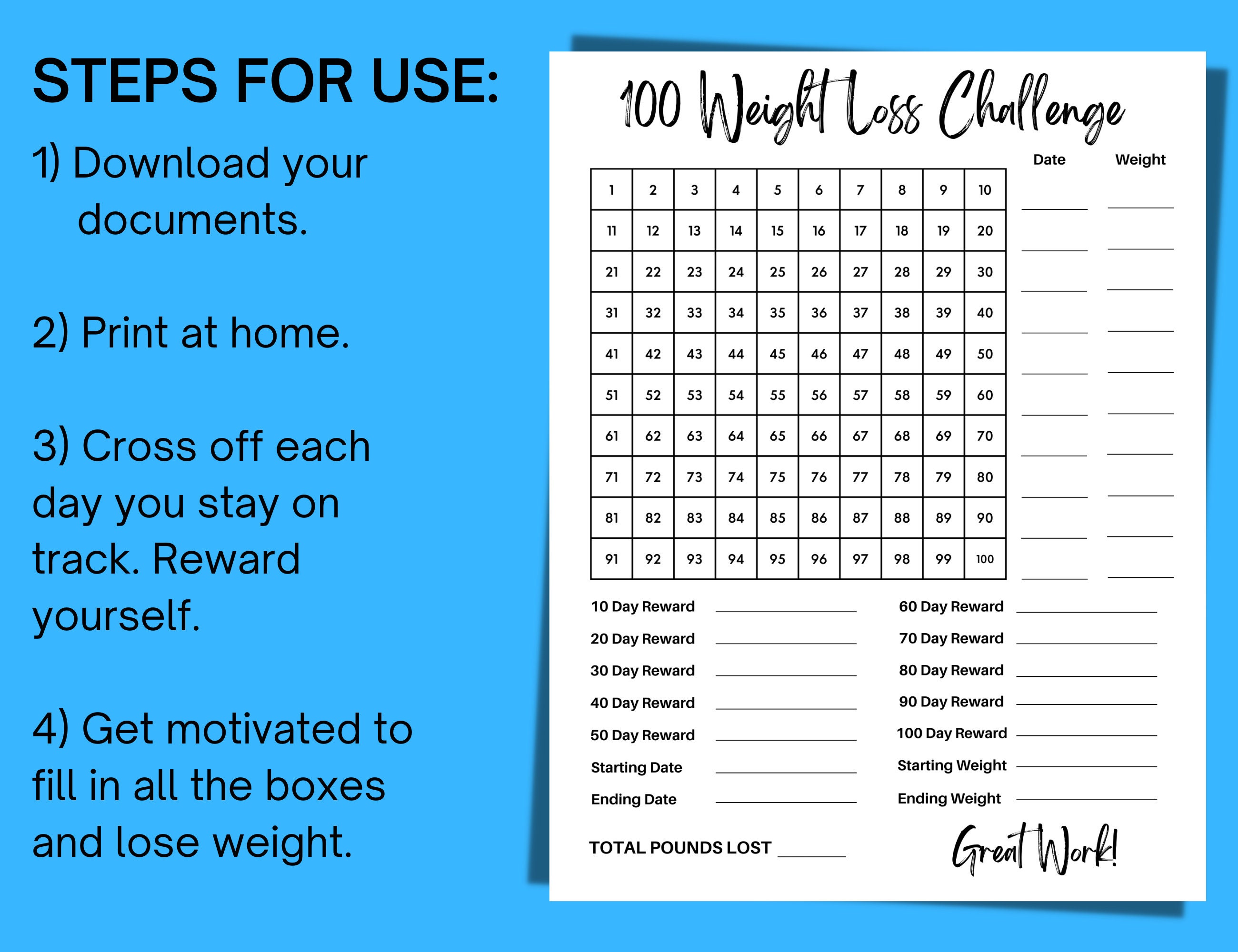 Weight Loss Tracker, Weight Loss Challenge, 100 Day Challenge, Weight