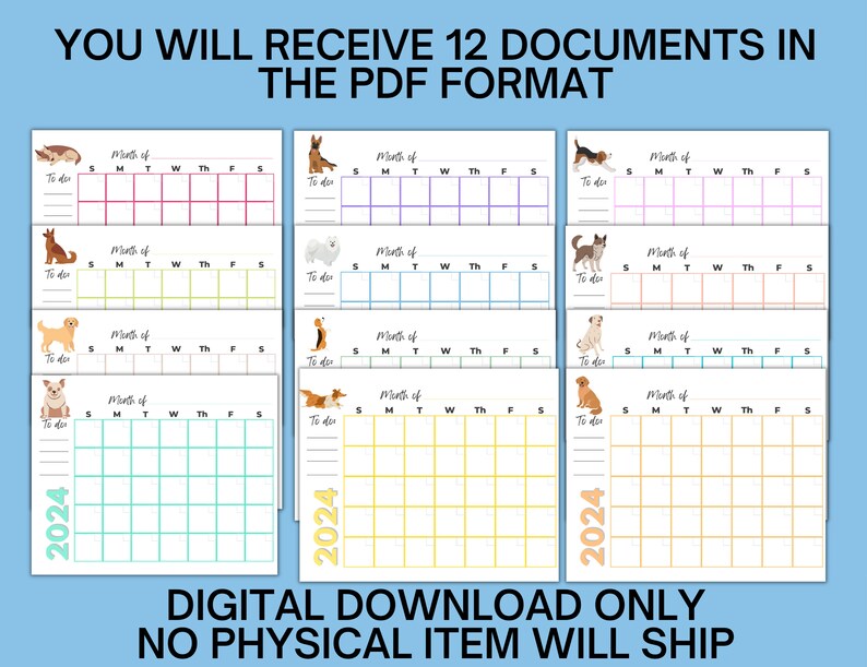2024 Printable Calendar With Dogs, Dog Calendar, Printable Calendar ...