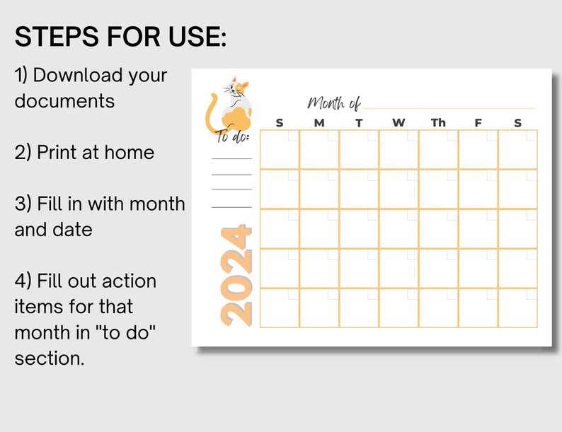 2024 Printable Calendar With Cats, Cat Calendar, Printable Calendar 2024, Printable Calendar
