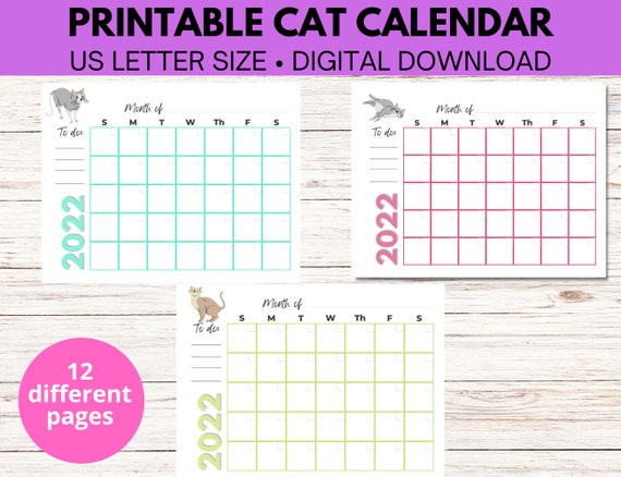 2022 Printable Calendar With Cats12 Pages