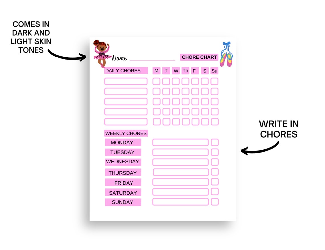Printable Chore Chart for Kids, Chore Charts for Girls, Chore Charts ...