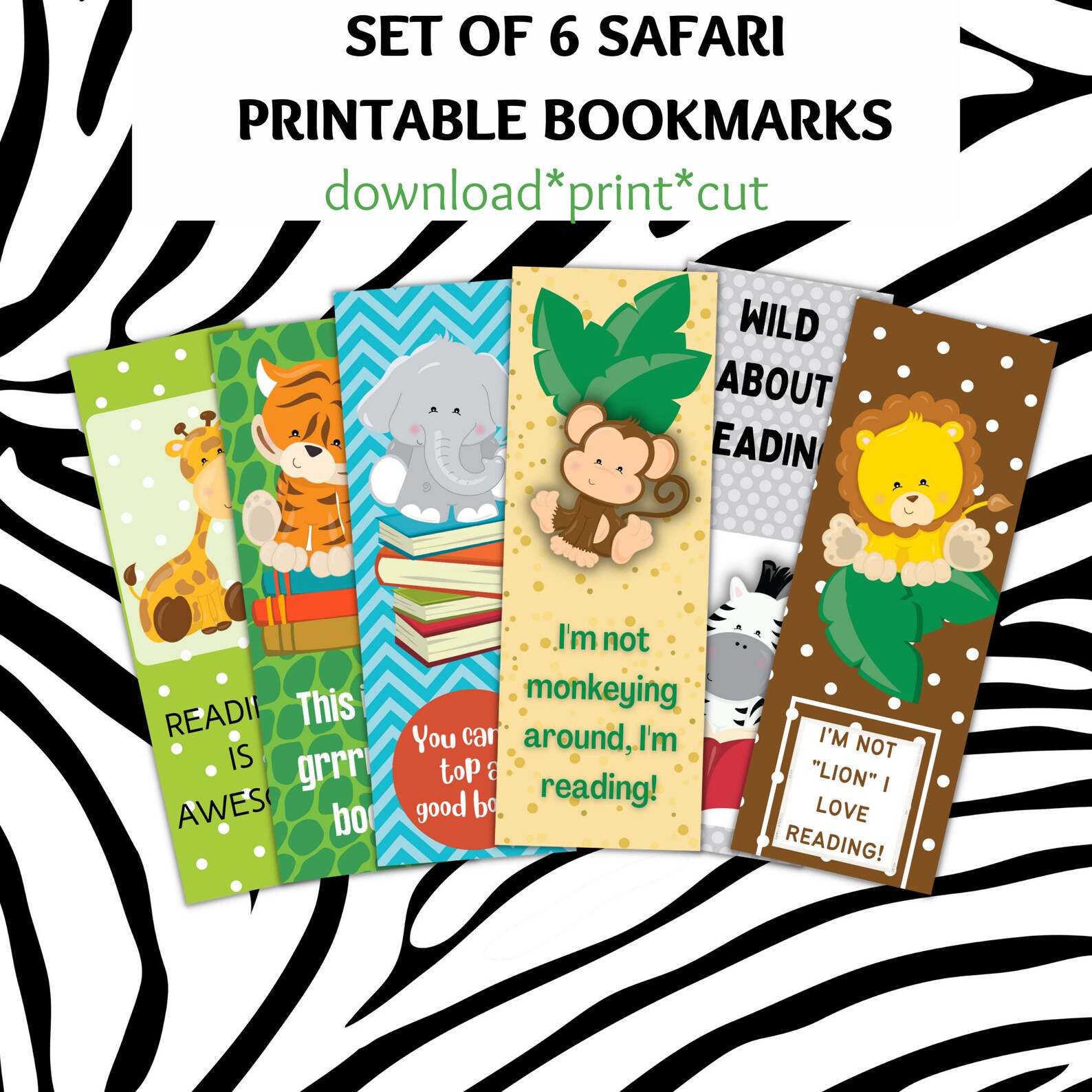 Printable Safari Bookmarks, Bookmarks for Kids, Safari Animal Bookmarks, Digital Bookmarks