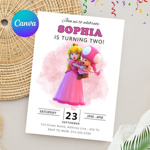 Puede incluir: Una invitaci&oacute;n de cumplea&ntilde;os rosa y blanca con una imagen de dibujos animados de la princesa Peach y Toad de la serie de videojuegos Super Mario Bros. La invitaci&oacute;n dice "&iexcl;&Uacute;nete a nosotros para celebrar que Sophia cumple dos a&ntilde;os!" con la fecha, la hora y la informaci&oacute;n de RSVP.
