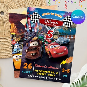 Puede incluir: Invitaci&oacute;n de cumplea&ntilde;os colorida con el tema de Cars. El dise&ntilde;o presenta el texto "Oliver cumple 5 a&ntilde;os" y los detalles del evento. La invitaci&oacute;n incluye im&aacute;genes de coches de carreras y un fondo de paisaje urbano.