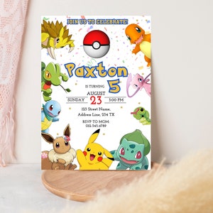 May include: A birthday invitation featuring a colorful cartoon illustration of various Pokemon characters, including Pikachu, Bulbasaur, and Charmander. The invitation is for Paxton's 5th birthday party on August 23rd at 3:00 PM. It includes the address and RSVP information.
