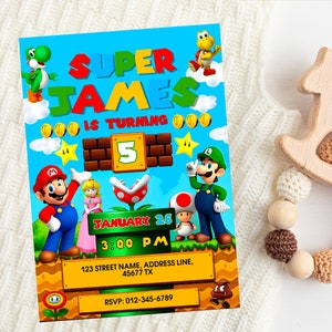 Convite de aniversário editável do Super Mario | Convite para festa de aniversário com tema do Mario | Convite personalizado do Mario