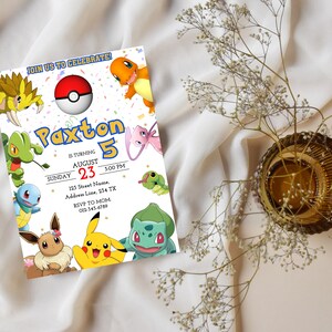 May include: A colorful invitation for a 5th birthday party with a Pokemon theme. The invitation features a white background with confetti and various Pokemon characters, including Pikachu, Bulbasaur, Charmander, and Squirtle. The text on the invitation reads "Join us to celebrate! Paxton is turning 5. Sunday, August 23, 3:00 PM. 123 Street Name, Address Line, 234 TX. RSVP to Mom, 012-345-6789."