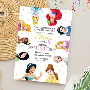 May include: A white invitation with gold stars and a pink and gold border. The invitation features a collage of Disney princesses, including Cinderella, Ariel, Belle, Snow White, Jasmine, Tiana, Rapunzel, and Elsa. The text reads "Please join us for a Royal Celebration! Our little princess Olivia is turning 5 August 23, 3:00 PM. 123 Street Name, Address Line, 234 TX. RSVP to Mom 012-345-6789."