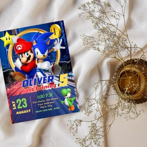 Inbjudan till Mario Sonic | Inbjudan till Super Mario och Sonic-födelsedagsfest | Redigerbar och personlig digital festmall bild 2