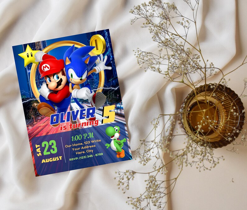 Inbjudan till Mario Sonic | Inbjudan till Super Mario och Sonic-födelsedagsfest | Redigerbar och personlig digital festmall bild 2