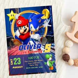 Inbjudan till Mario Sonic | Inbjudan till Super Mario och Sonic-födelsedagsfest | Redigerbar och personlig digital festmall bild 5