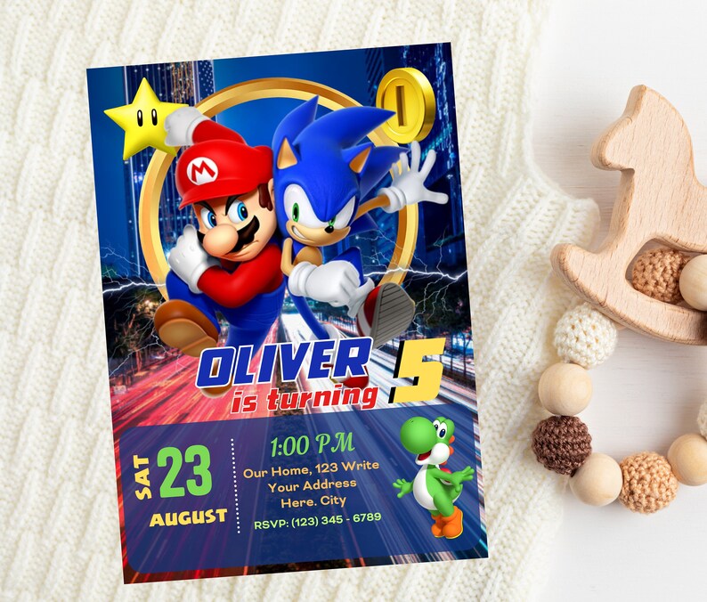 Inbjudan till Mario Sonic | Inbjudan till Super Mario och Sonic-födelsedagsfest | Redigerbar och personlig digital festmall bild 5