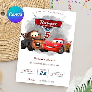 May include: A white invitation card featuring the characters Mater and Lightning McQueen from the movie Cars. The card says "Robert is turning 5" and includes event details like the date, time, and RSVP information.